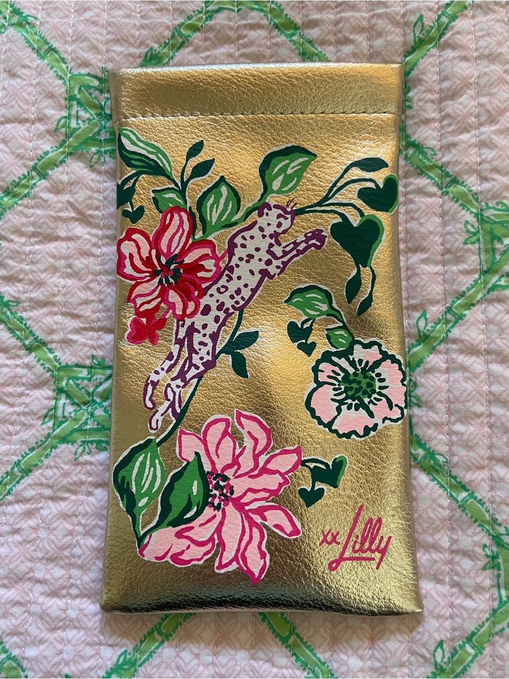Lilly Pulitzer Gold Floral Leopard Leather Sunglass/Eyeglass Sleeve! NWOT!